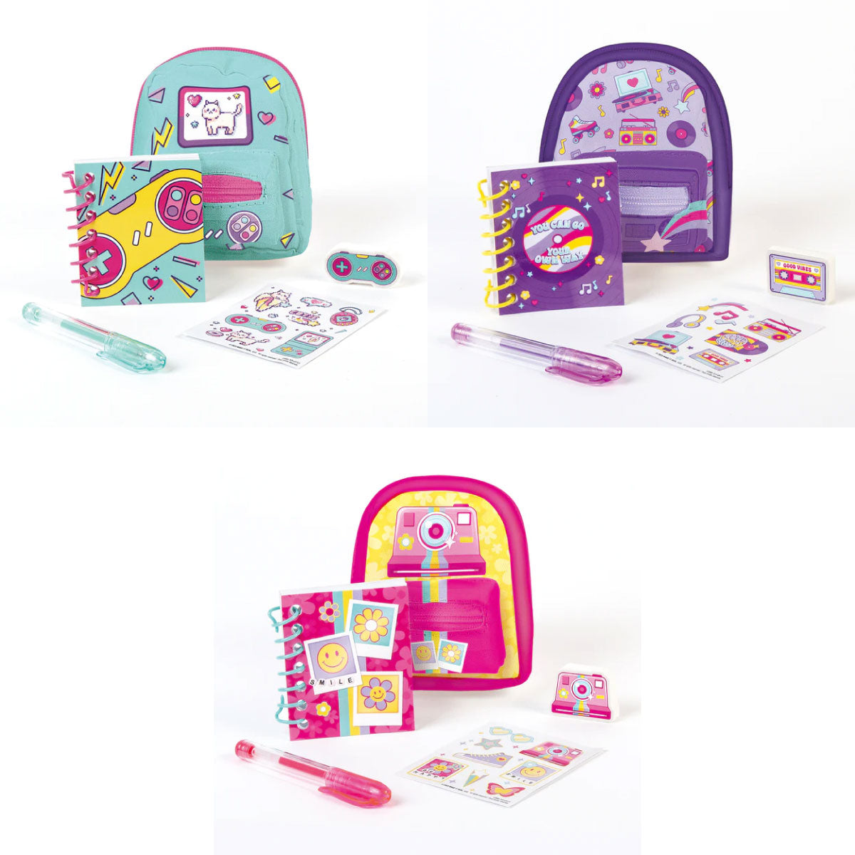3C4G Retro Mini Backpack With Stationery - Aqua Kitty Game, Purple Music, or Pink Polaroid