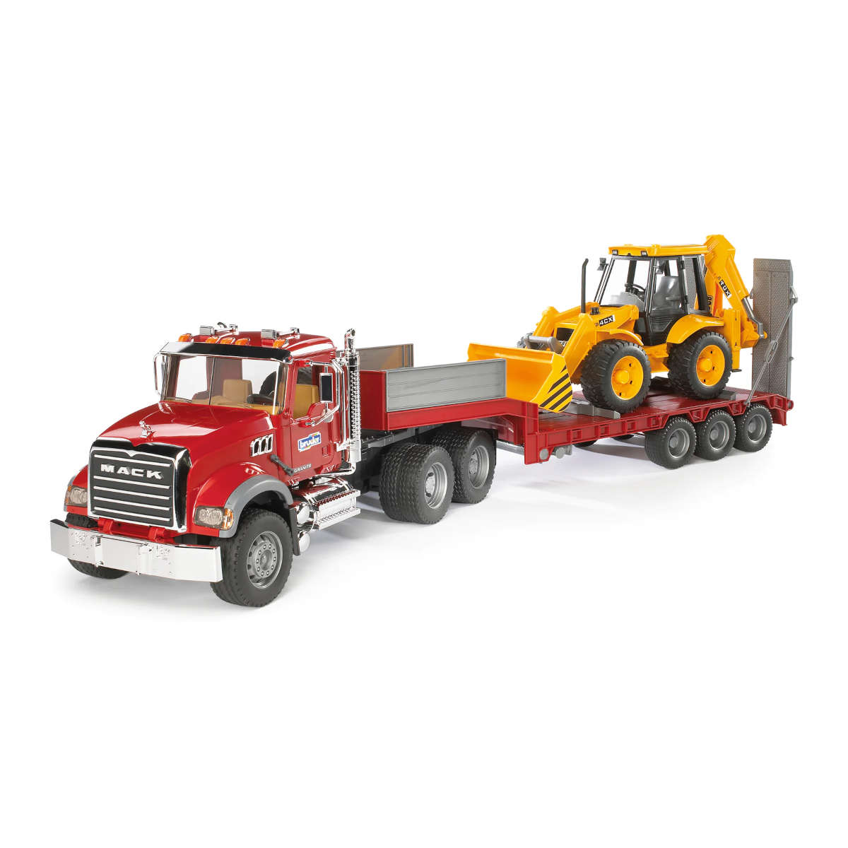 Bruder MACK Granite Flatbed Truck with JCB Loader Backhoe