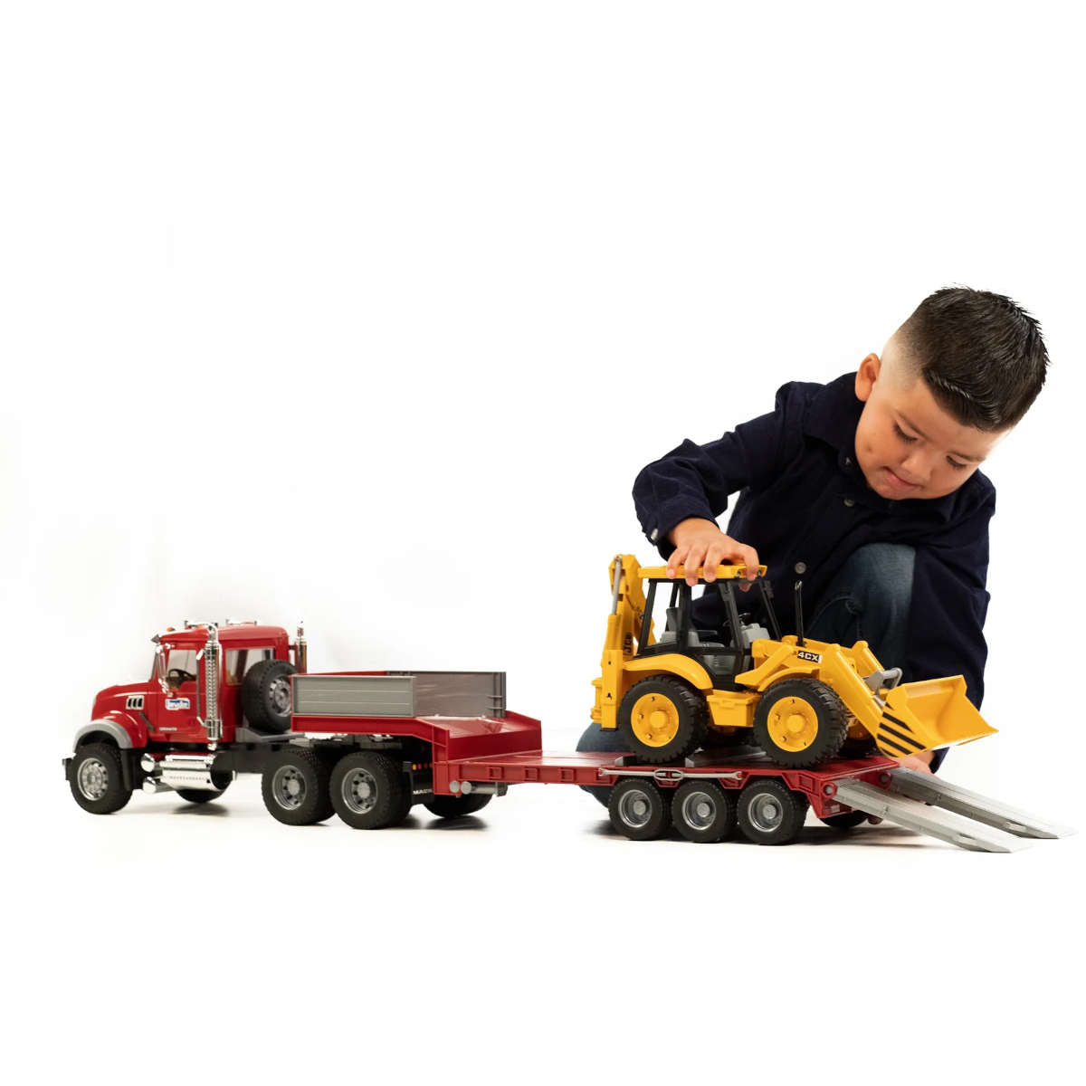 Bruder MACK Granite Flatbed Truck with JCB Loader Backhoe