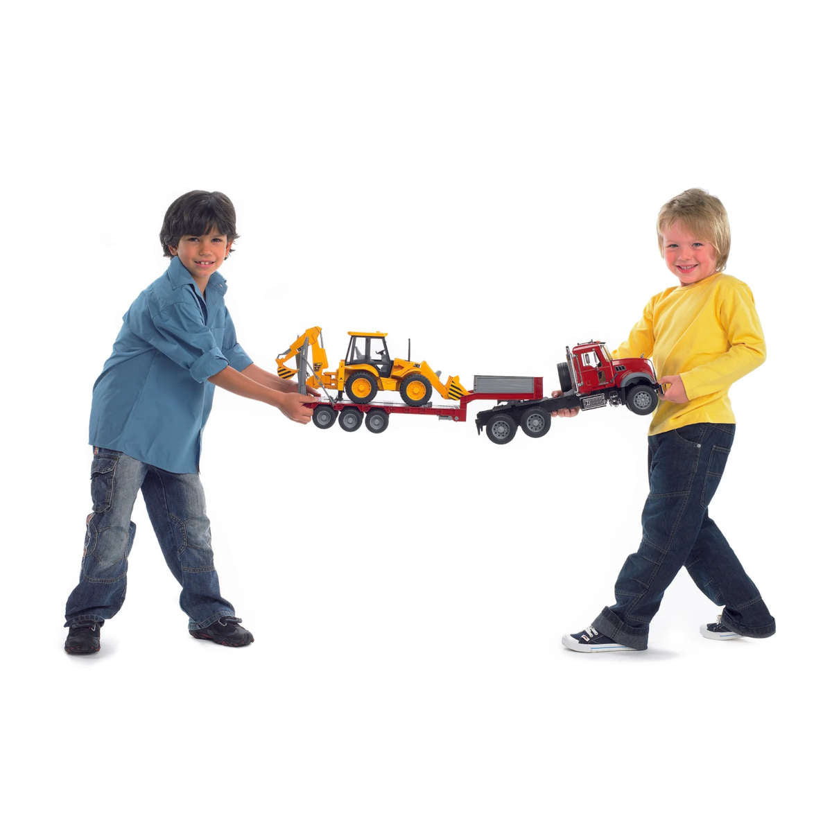 Bruder MACK Granite Flatbed Truck with JCB Loader Backhoe