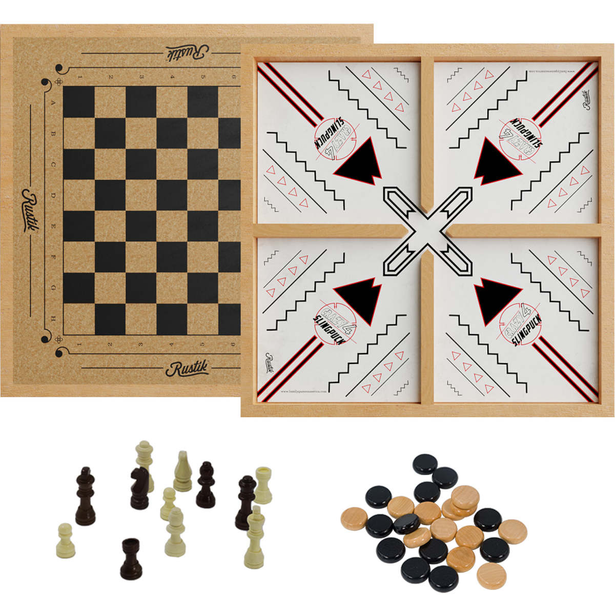 Rustik 3-in-1 Chess, Checkers, and 4-Player Slingpuck