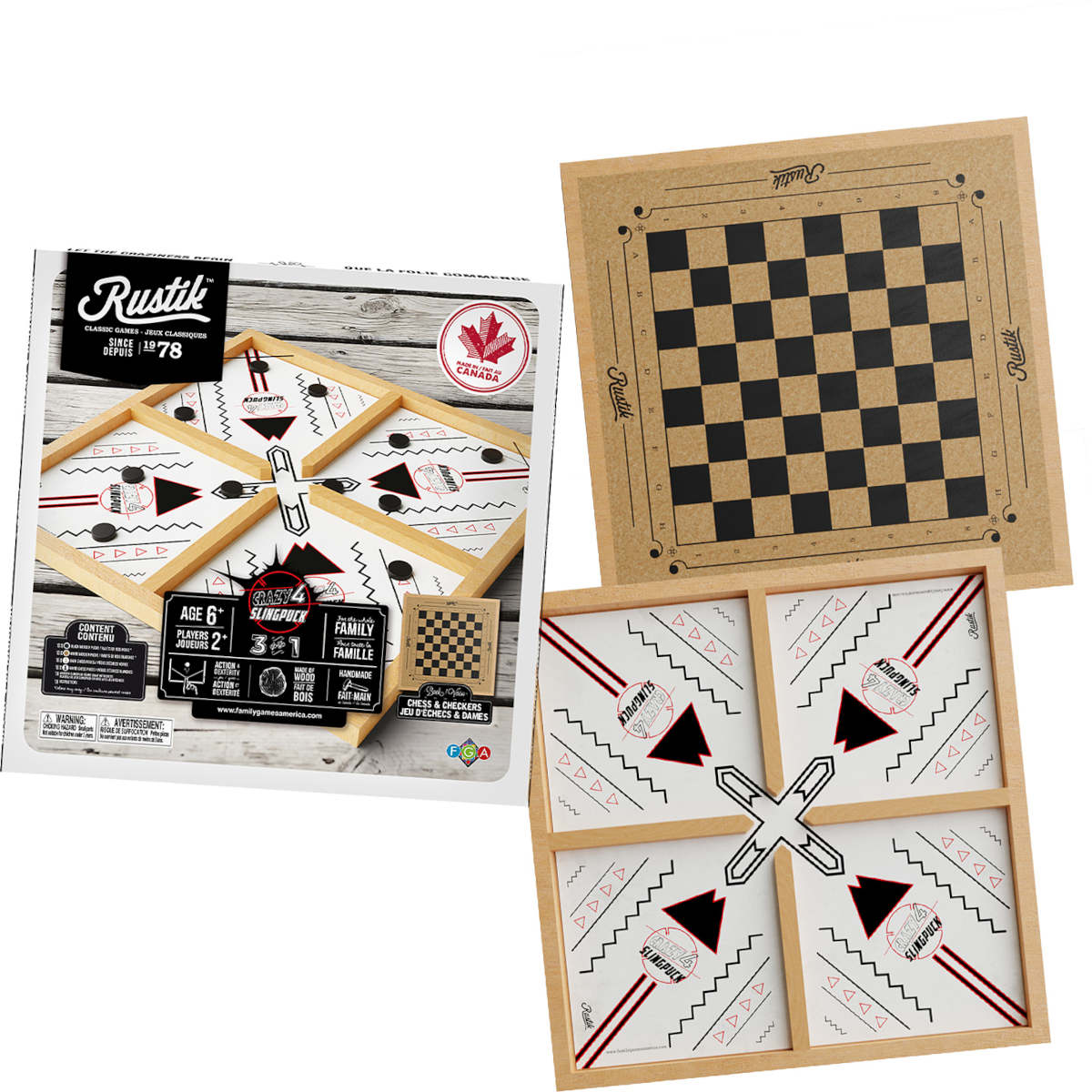 Rustik 3-in-1 Chess, Checkers, and 4-Player Slingpuck