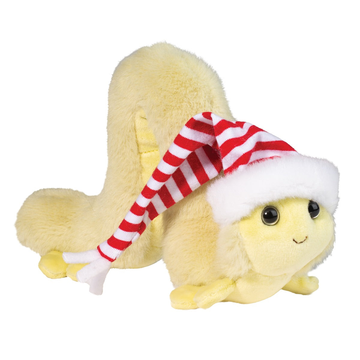 Inchy the Inchworm yellow plush by Douglas donning a red and white striped holiday hat.