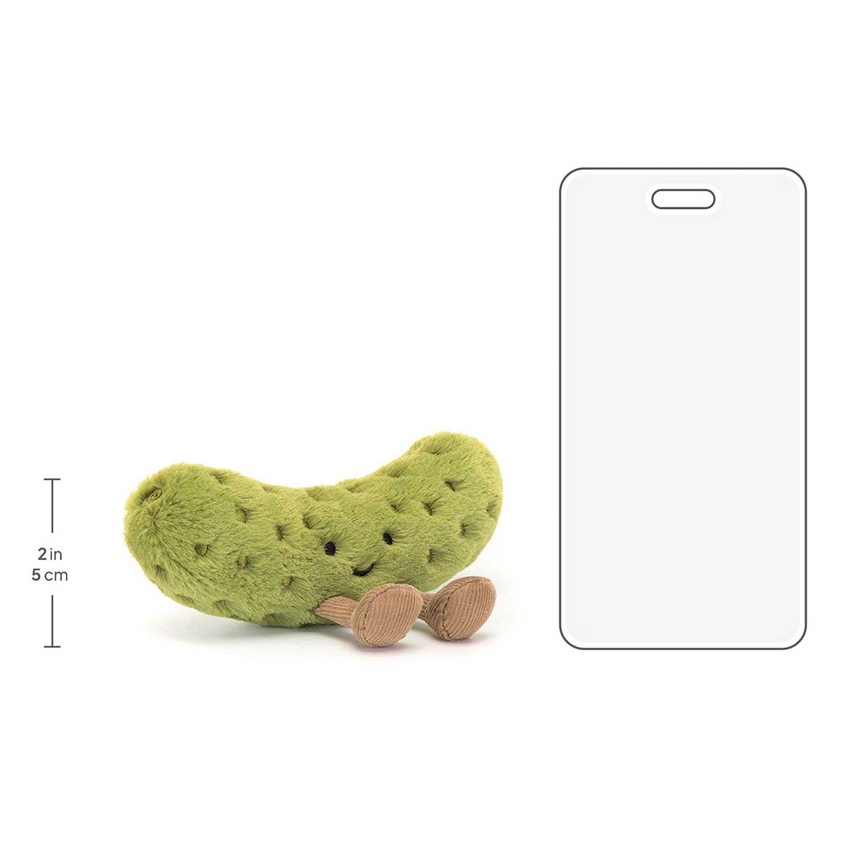 Jellycat Amuseables Pickle sitting next to smartphone outline for size