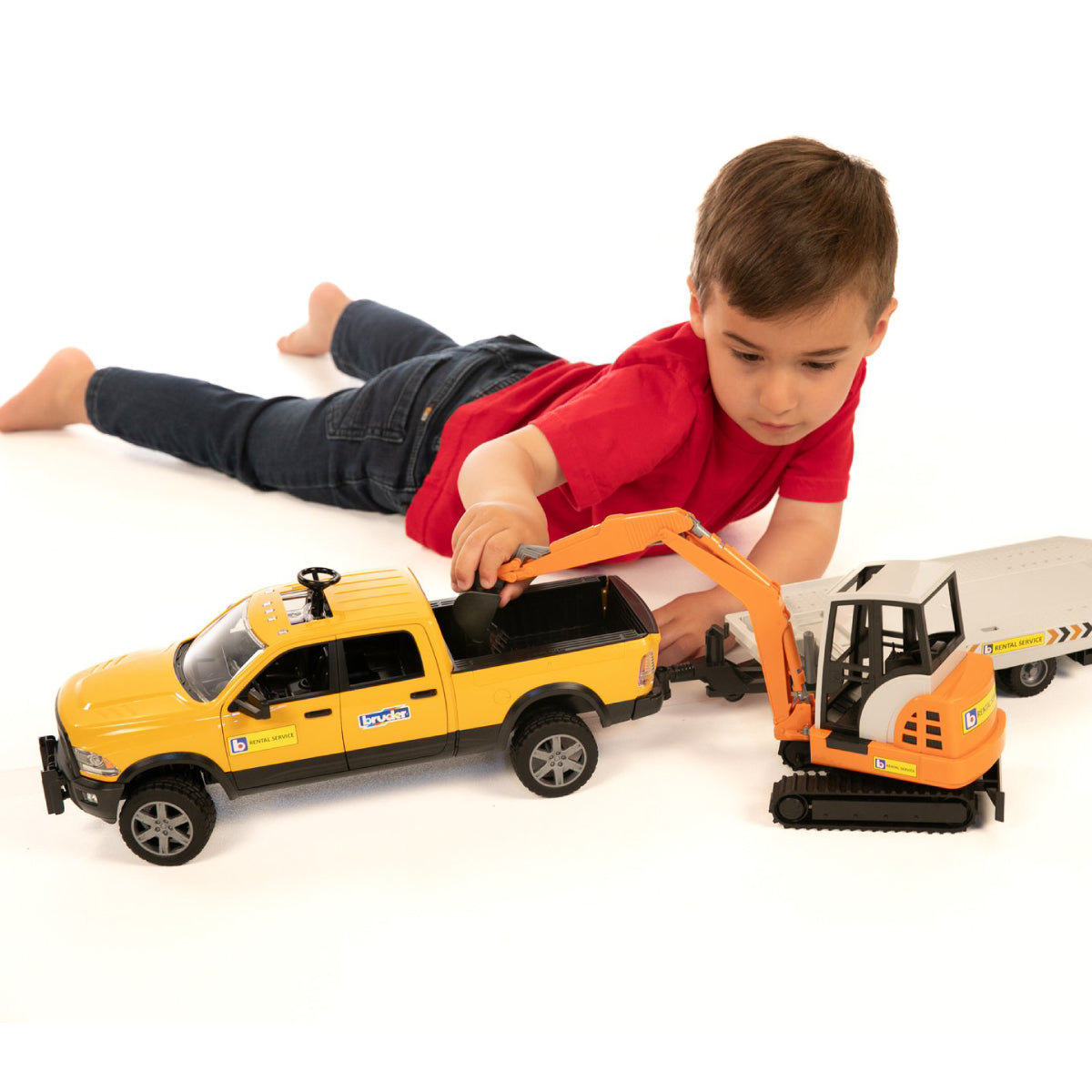 Bruder RAM Rental Service Pickup Truck with Mini Excavator