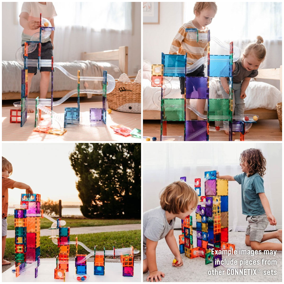 Collage of children playing with Connetix Rainbow Ball Run - 92 Piece Set colorful magnetic building blocks in various settings.