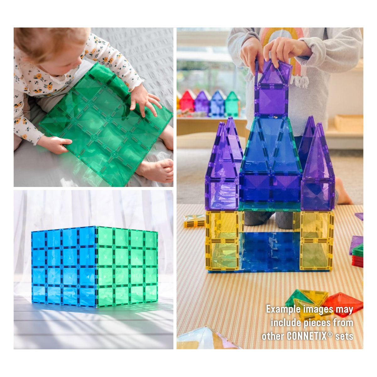 Collage of children playing with Connetix base plates and other Connetix tiles.