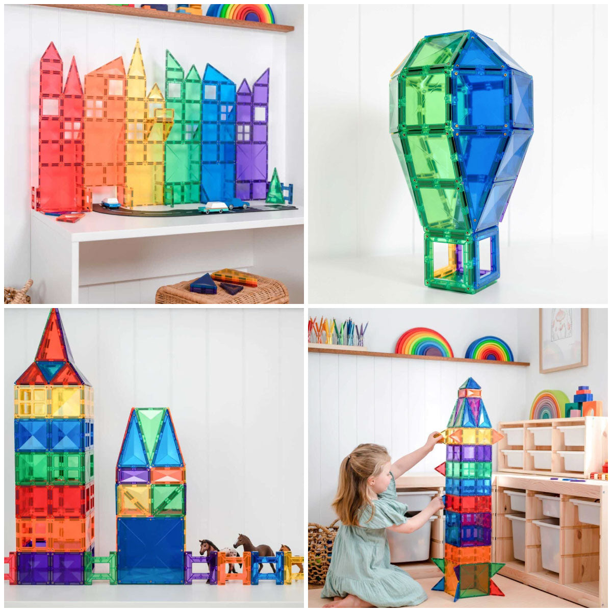 Collage of Connetix Rainbow Creative Pack - 102 Piece Set colorful magnetic building toys in various shapes and sizes, with a child playing with them.