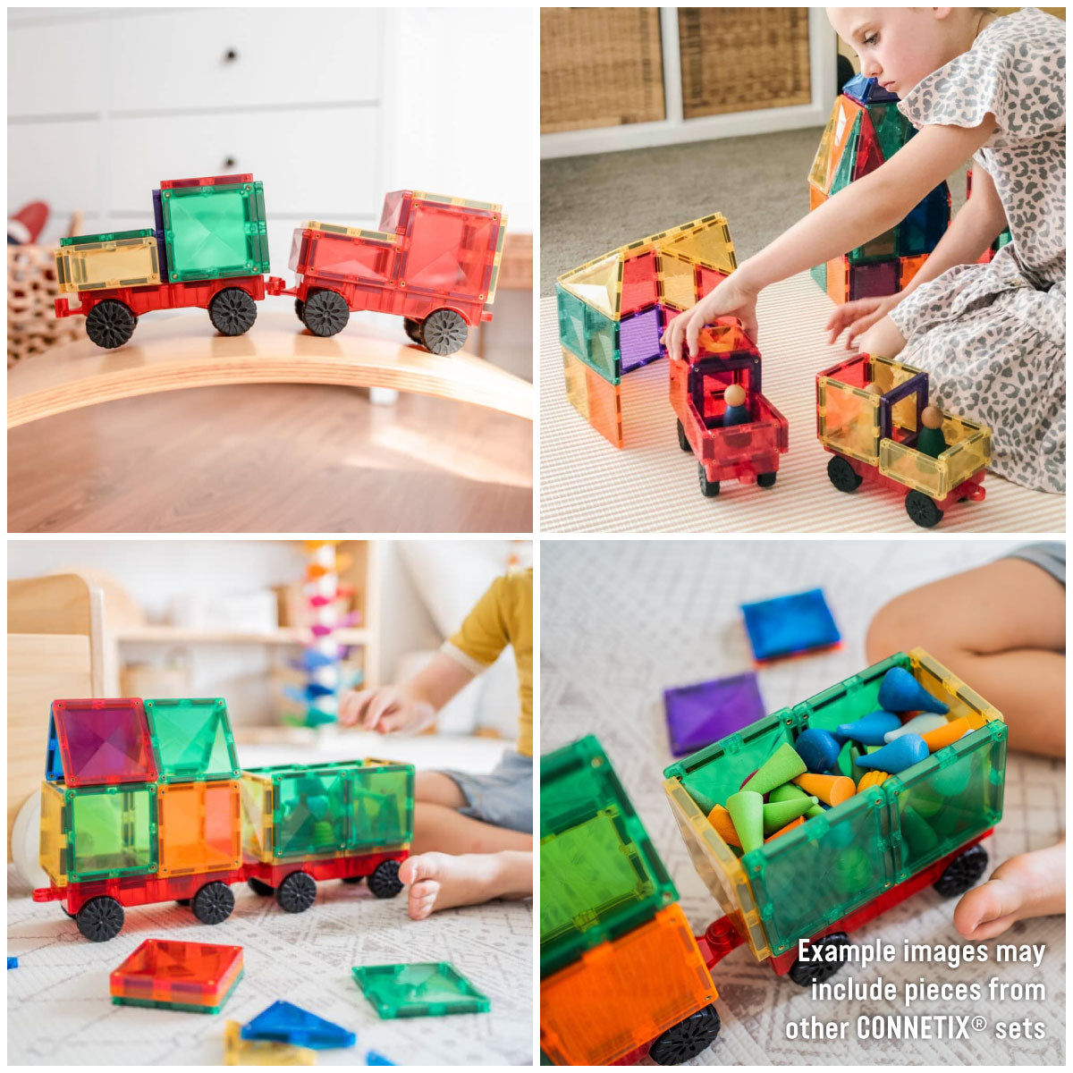 Collage of children playing with Connetix Rainbow Motion Pack - 24 Piece Set colorful magnetic blocks.