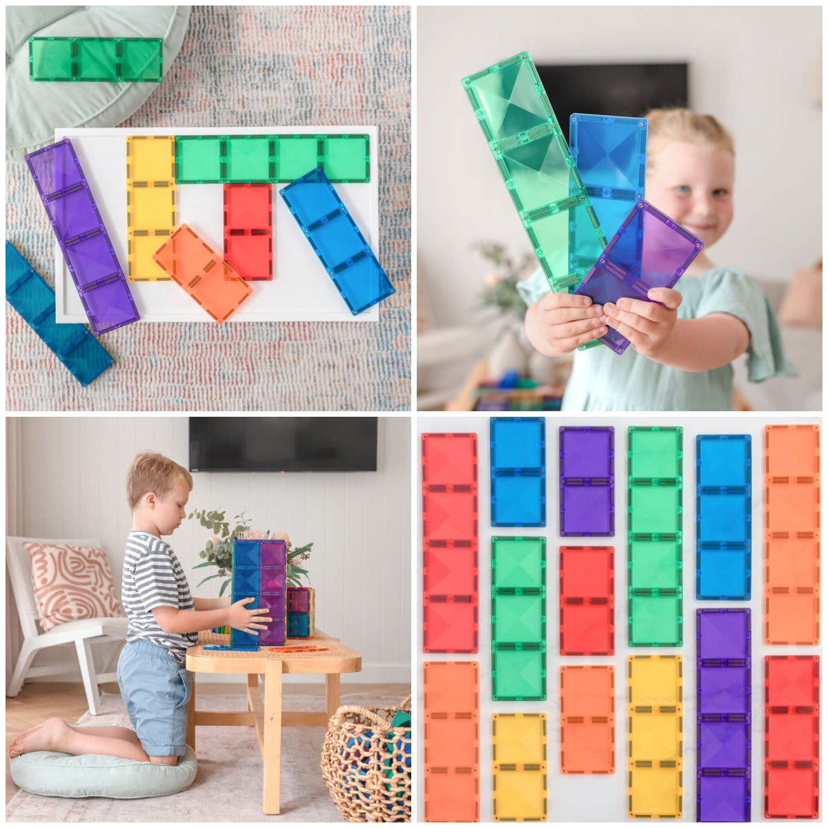 Collage of children playing with Connetix Rainbow Rectangle Pack's colorful magnetic building blocks.