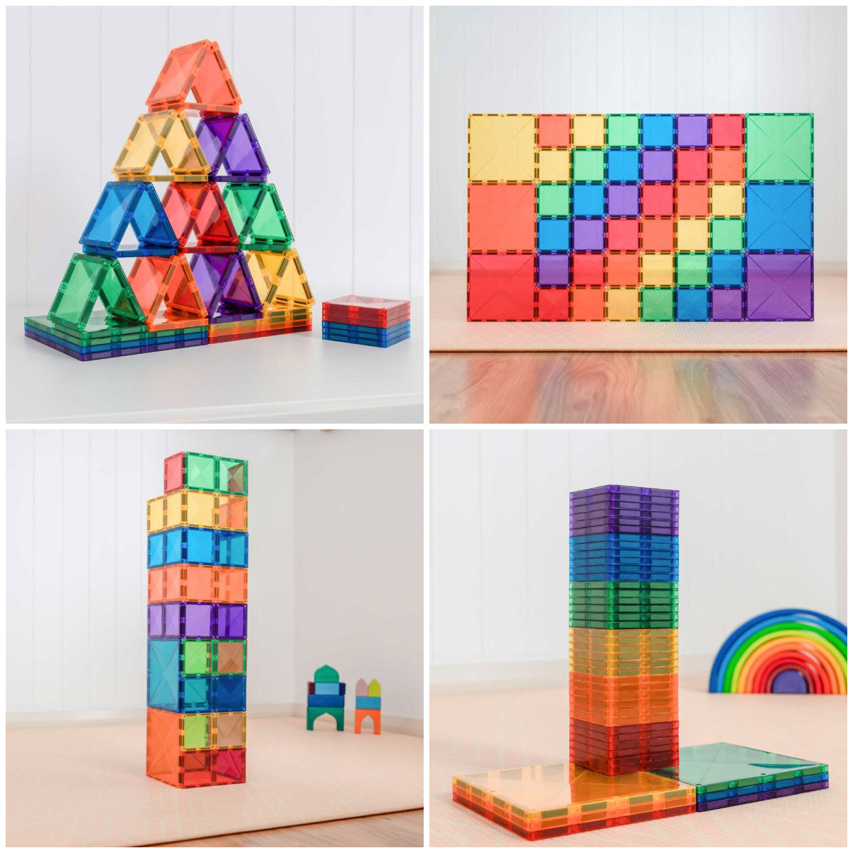 Collage of Connetix Rainbow Square Pack - 42 Piece Set showing colorful magnetic building blocks in various configurations.
