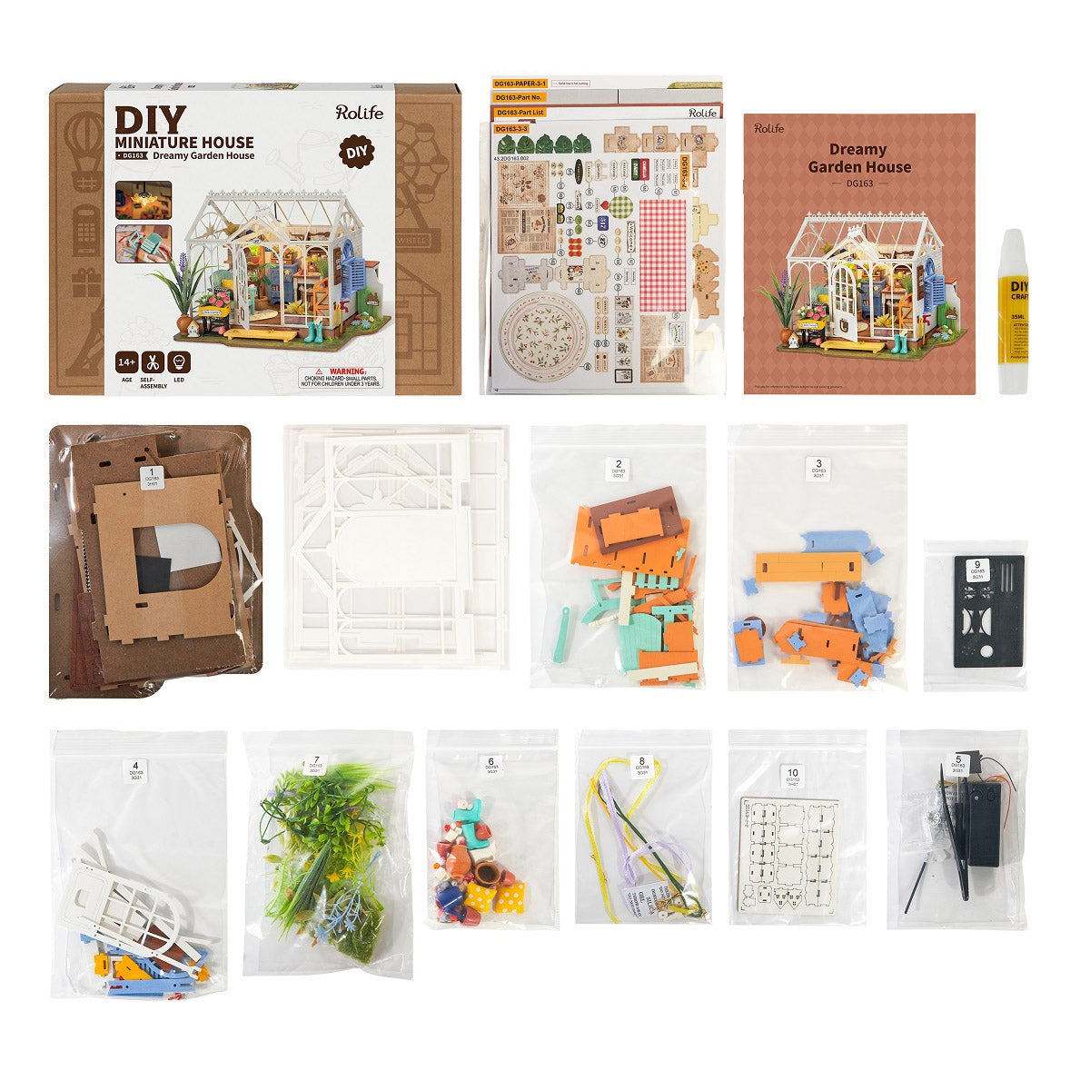 A DIY Miniature House Kit: Dreamy Garden House from Hands Craft. Box contents.