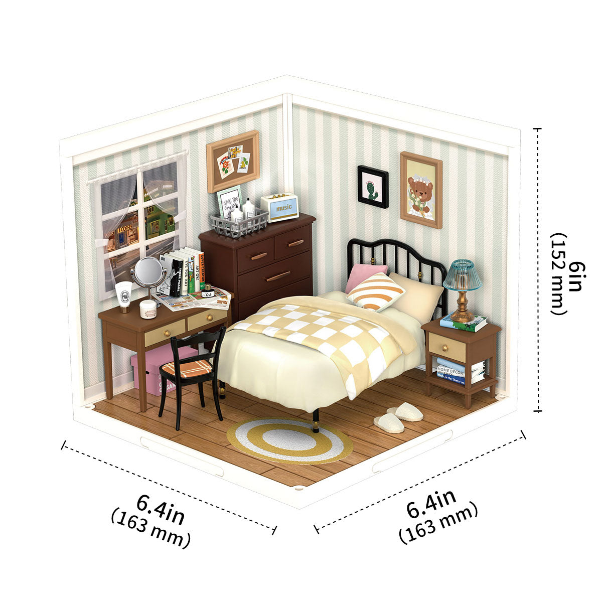Dimensions of DIY Miniature House Kit, Sweet Dream Bedroom, from Hands Craft.