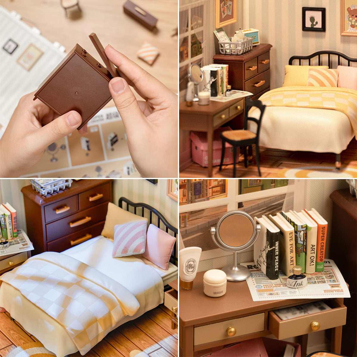 Collage of close-ups of DIY Miniature House Kit, Sweet Dream Bedroom, from Hands Craft.