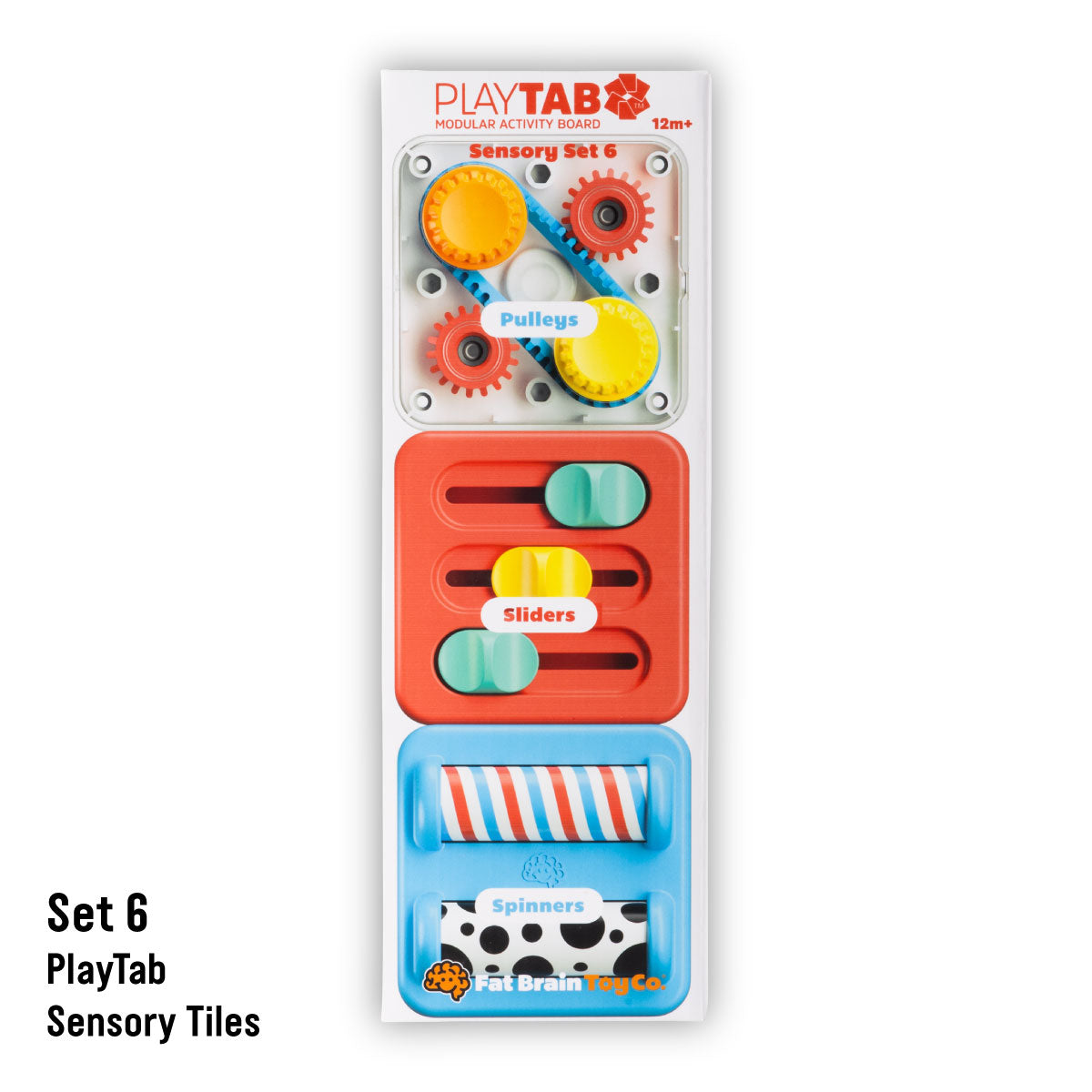 PlayTab Modular Sensory Activity Board Tile Set 6 contents: Pulleys, Sliders, and Spinners. From Fat Brain Toy Co