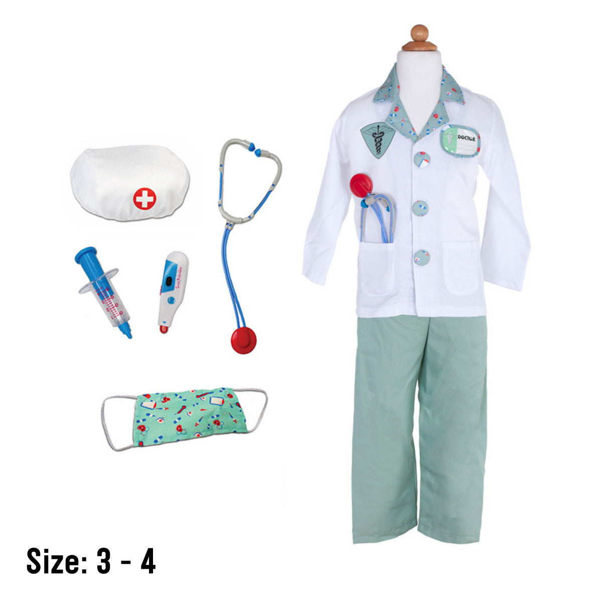 Great Pretenders Doctor Outfit with Accessories and Green Scrub Pants Size 3 - 4