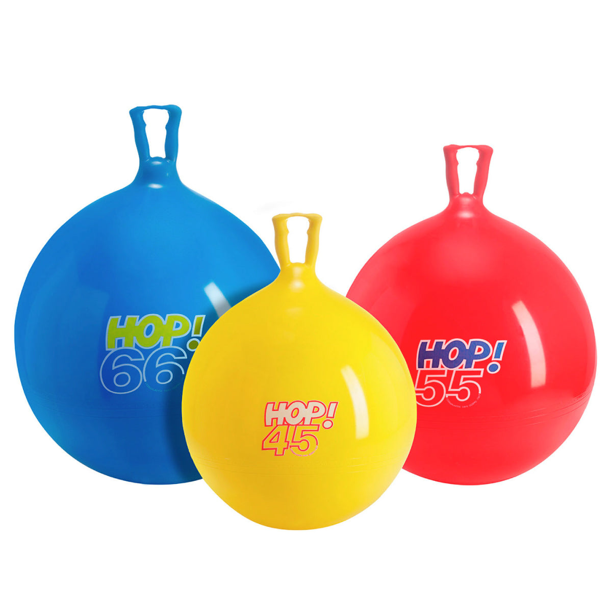 Gymnic Hop Balls come in three sizes: 45cm, 55cm, and 66cm.