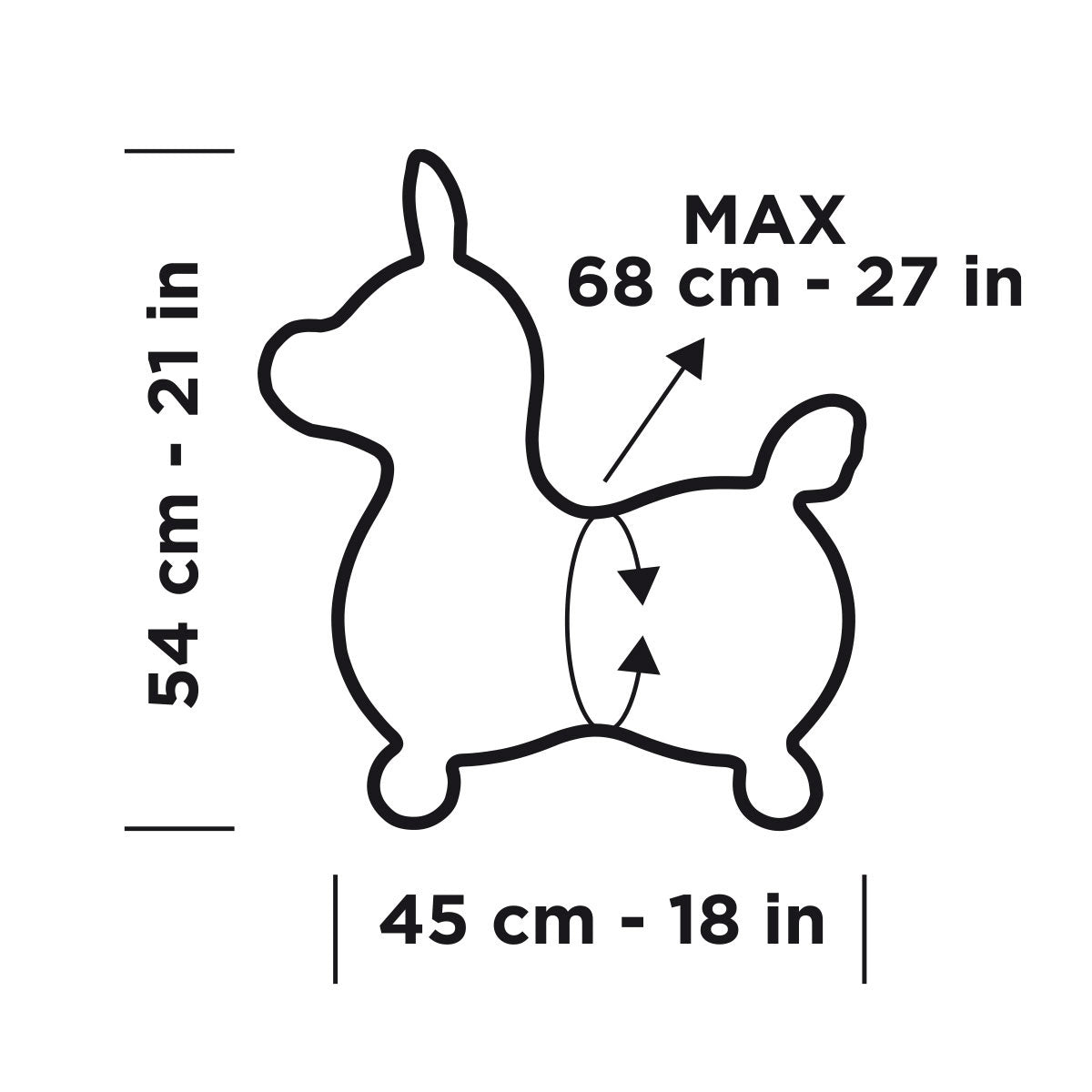 Gymnic Rody Horse Sizes: 21 inches tall x 18 inches wide x 27 inches in diameter