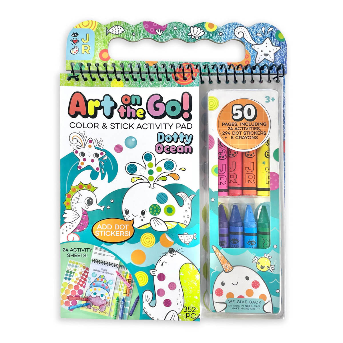 iHeartArt JR Art on the Go, Dotty Ocean, from Bright Stripes. Color and stick activity pad includes 50 pages with 24 activities, 294 dot stickers, and 8 crayons.