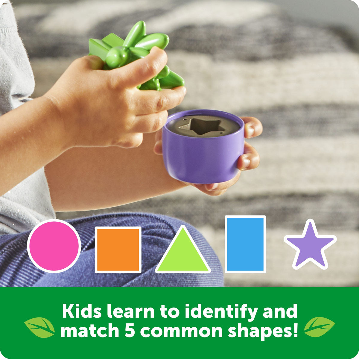 Learning Resources Shape and Color Garden teaches toddlers to identify and match five common shapes including circle, square, triangle, rectangle, and star.