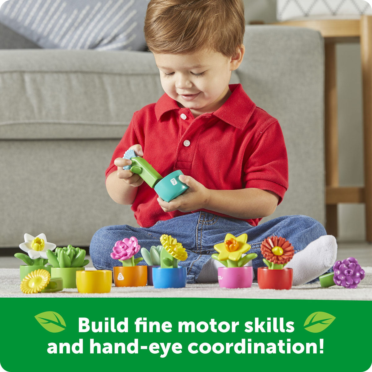Learning Resources Shape and Color Garden builds fine motor skills and hand-eye coordination.