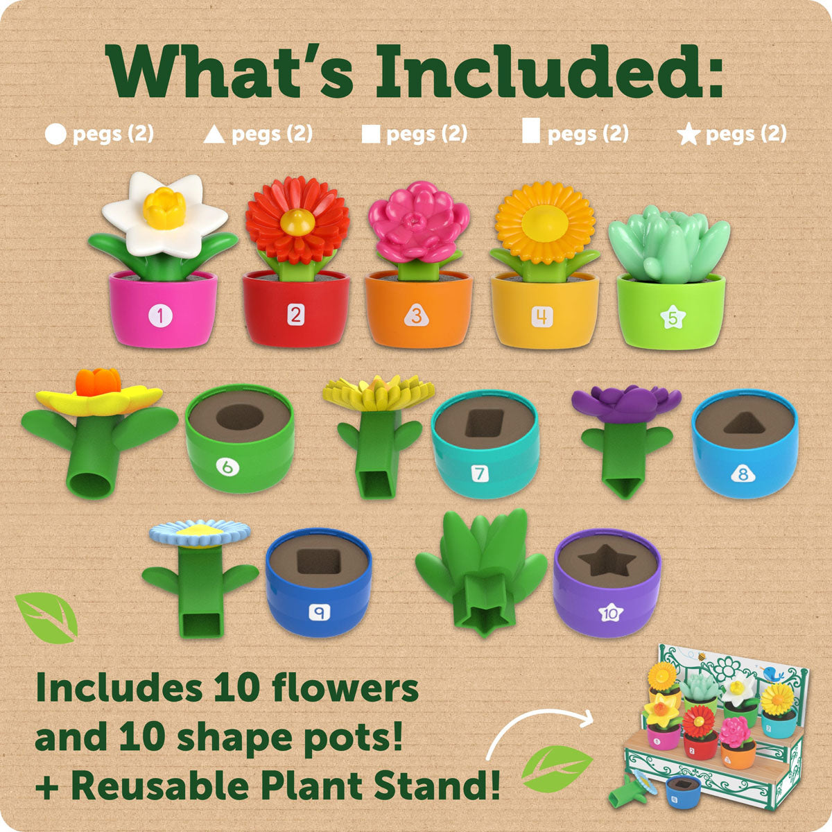 Learning Resources Shape and Color Garden includes 10 plants and 10 shape pots.