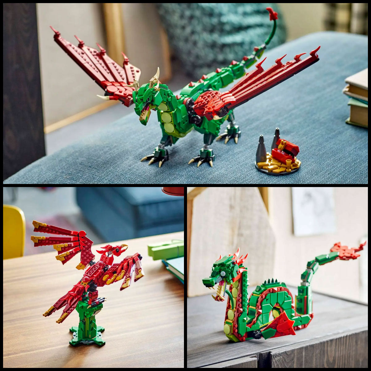 LEGO Creator 3 in 1 Medieval Dragon, Phoenix, and Sea Monster models built.