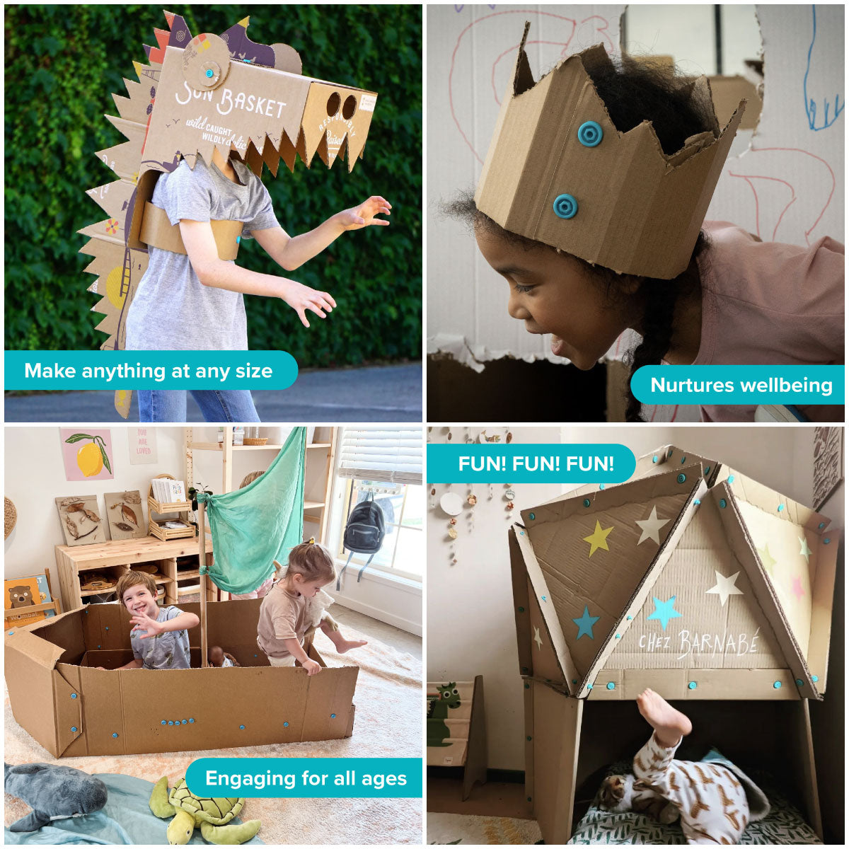 Examples of kids playing with a dragon costume, crown, boat, and geodesic dome d house, all made using Makedo cardboard tools and screws.