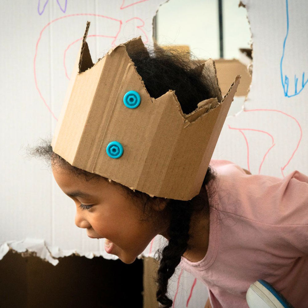 Makedo Scru and Scru+ example of how to use them to create a cardboard crown.