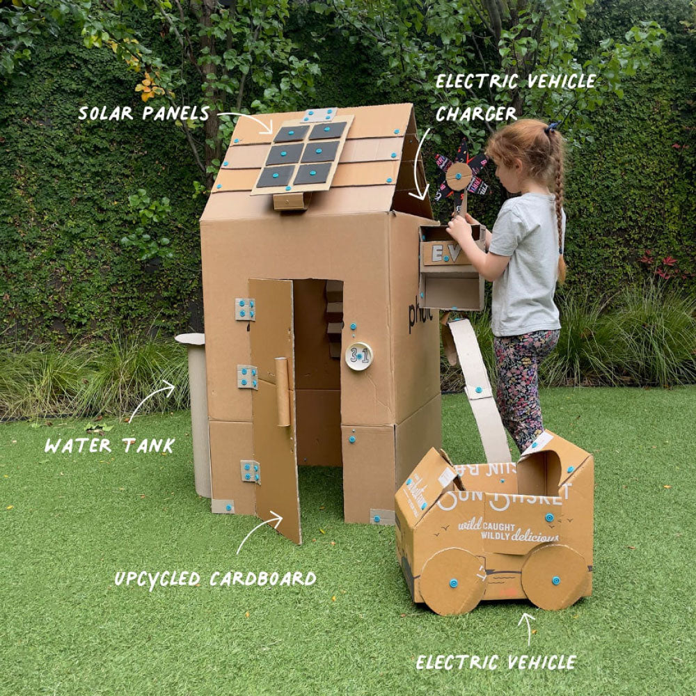 Makedo Scru and Scru+ example of how to use them to create a cardboard house and car.