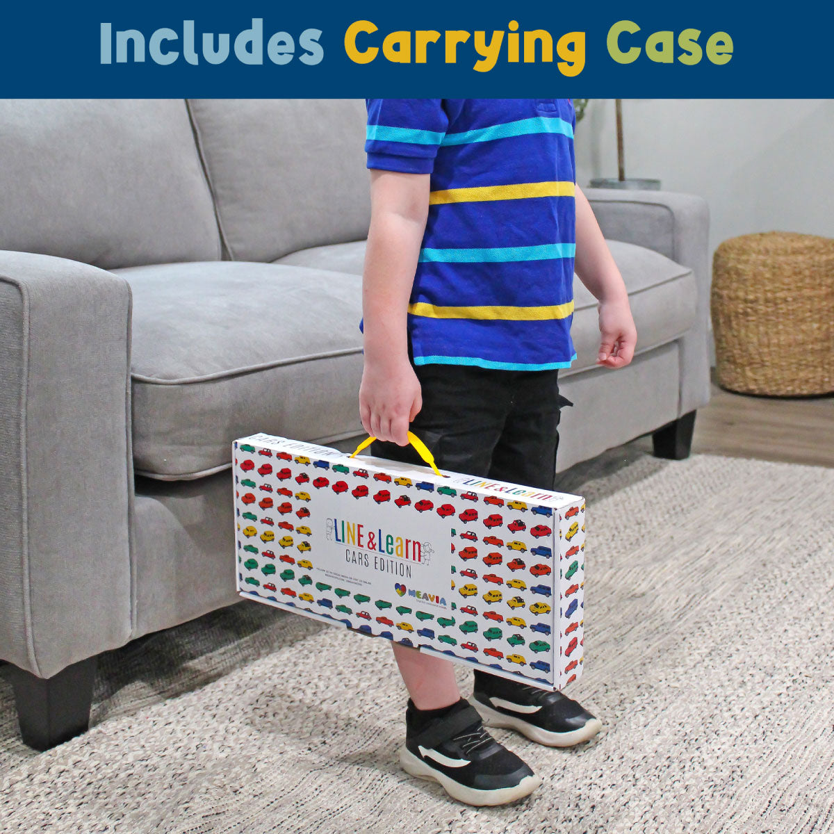 Meavia Line and Learn Cars Playset includes carrying case for storage and portable play