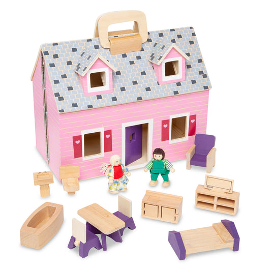 Melissa & Doug Fold and Go Wooden Dollhouse with Dolls and Furniture