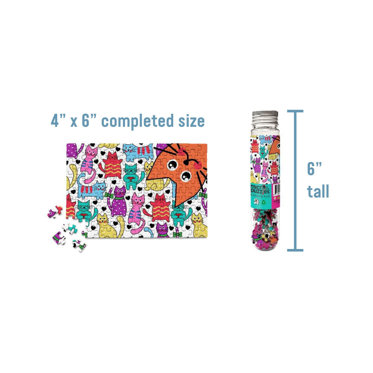 Micro Puzzles when completed are 4 inches by 6 inches. They're packaged in a clear test tube that is 6 inches tall.