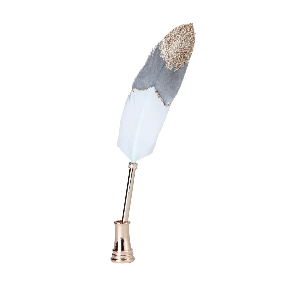 Feather Quill Pen & Stand - Gray & White with Gold feather
