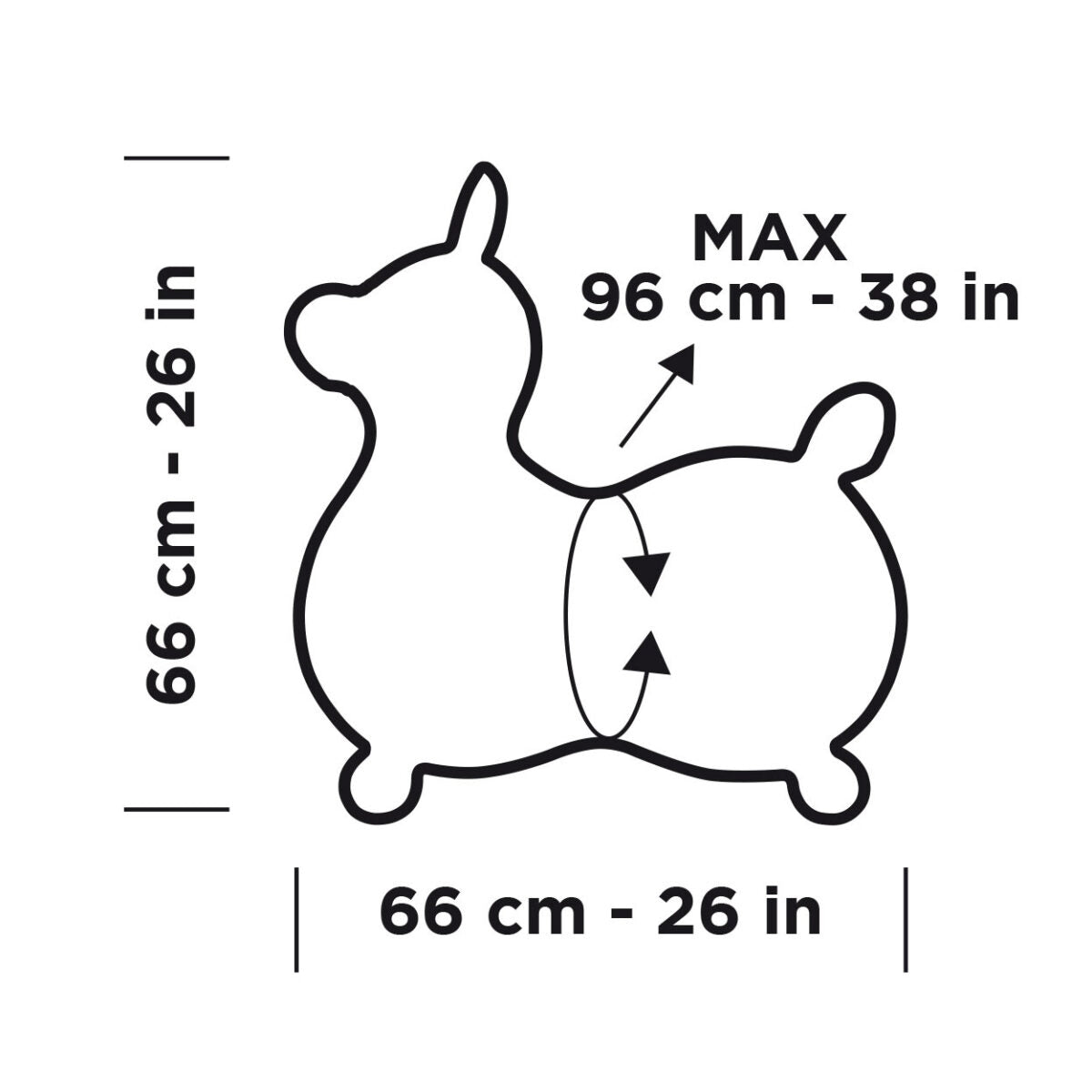 Rody Max dimensions are 26 inches tall by 26 inches long, with a maximum saddle circumference of 38 inches.