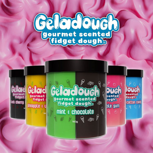 Scentco Geladough gourmet scented fidget dough containers with a pink fidget dough background