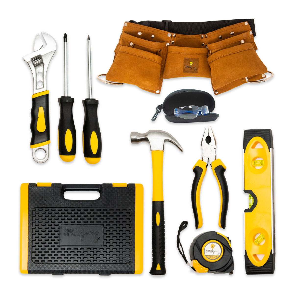 SparkJump Kids' Deluxe Tool Set includes a hammer, wrench, pliers, two screwdrivers, level, tape measure, safety glasses, leather tool belt, and hard plastic tool box.