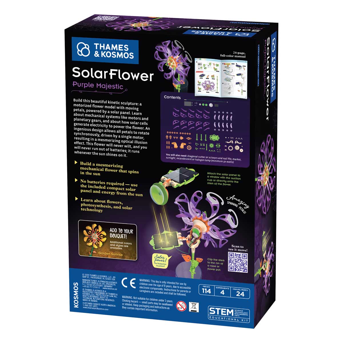 The back of the box for the purple mechanical flower by Thames and Kosmos SolarFlower Purple Majestic