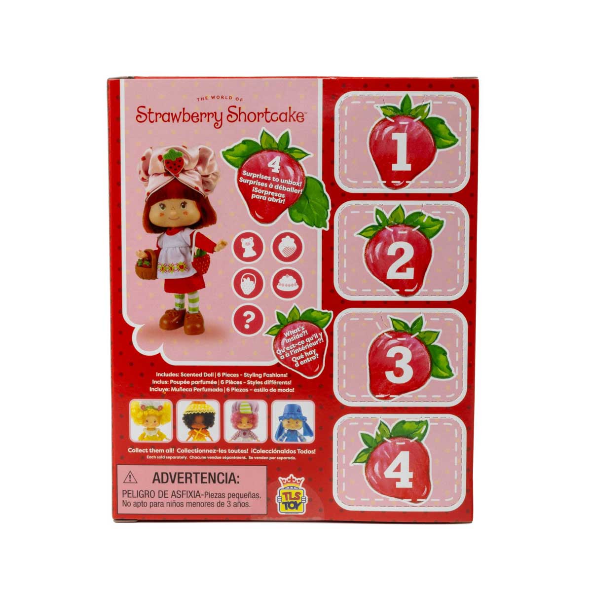 The Loyal Subjects Strawberry Shortcake 5.5" Fashion Doll - back of the box with 4 surprise reveal punch-outs