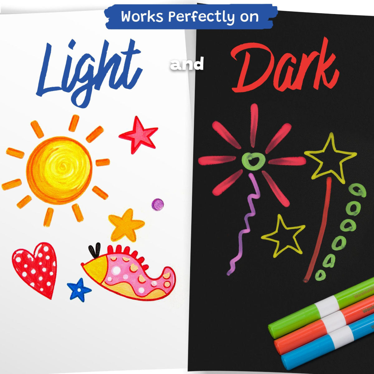 The Pencil Grip Co Magic Stix Washable Acrylic Markers work perfectly on light and dark surfaces