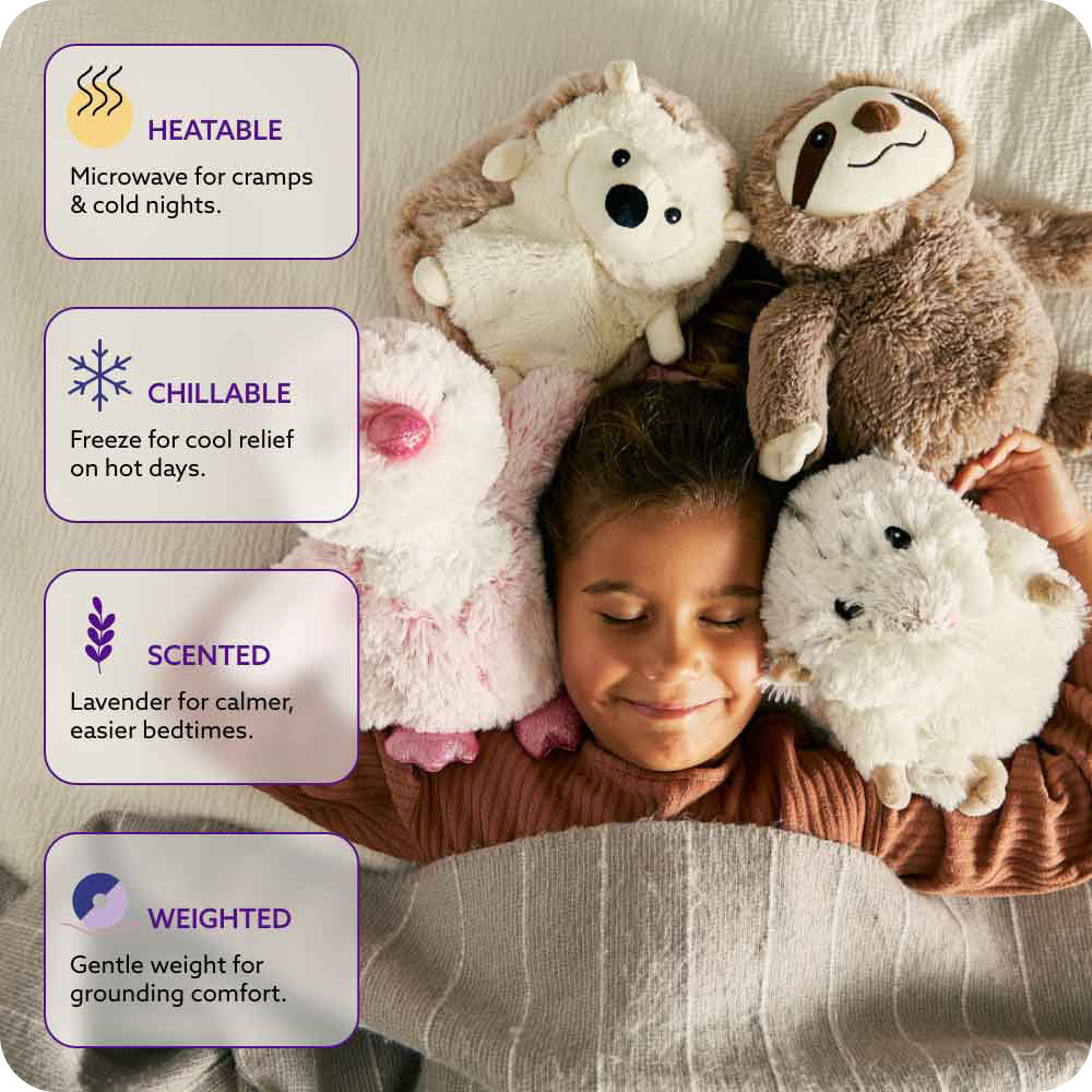 Warmies plush stuffed animals: heatable, chillable, scented, weighted.