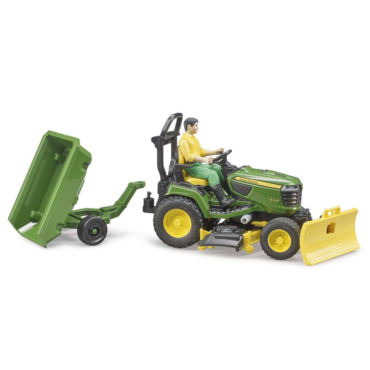 Bruder John Deere Lawn Tractor with Trailer and Figurine
