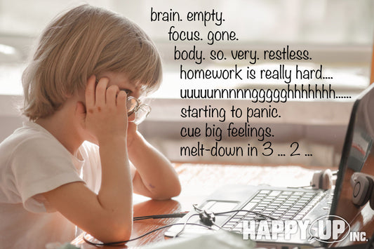 Child trying to do homework and thinking "brain empty. focus gone. body so very restless. homework is really hard... starting to panic. cue big feelings. melt down in 3, 2, ..."