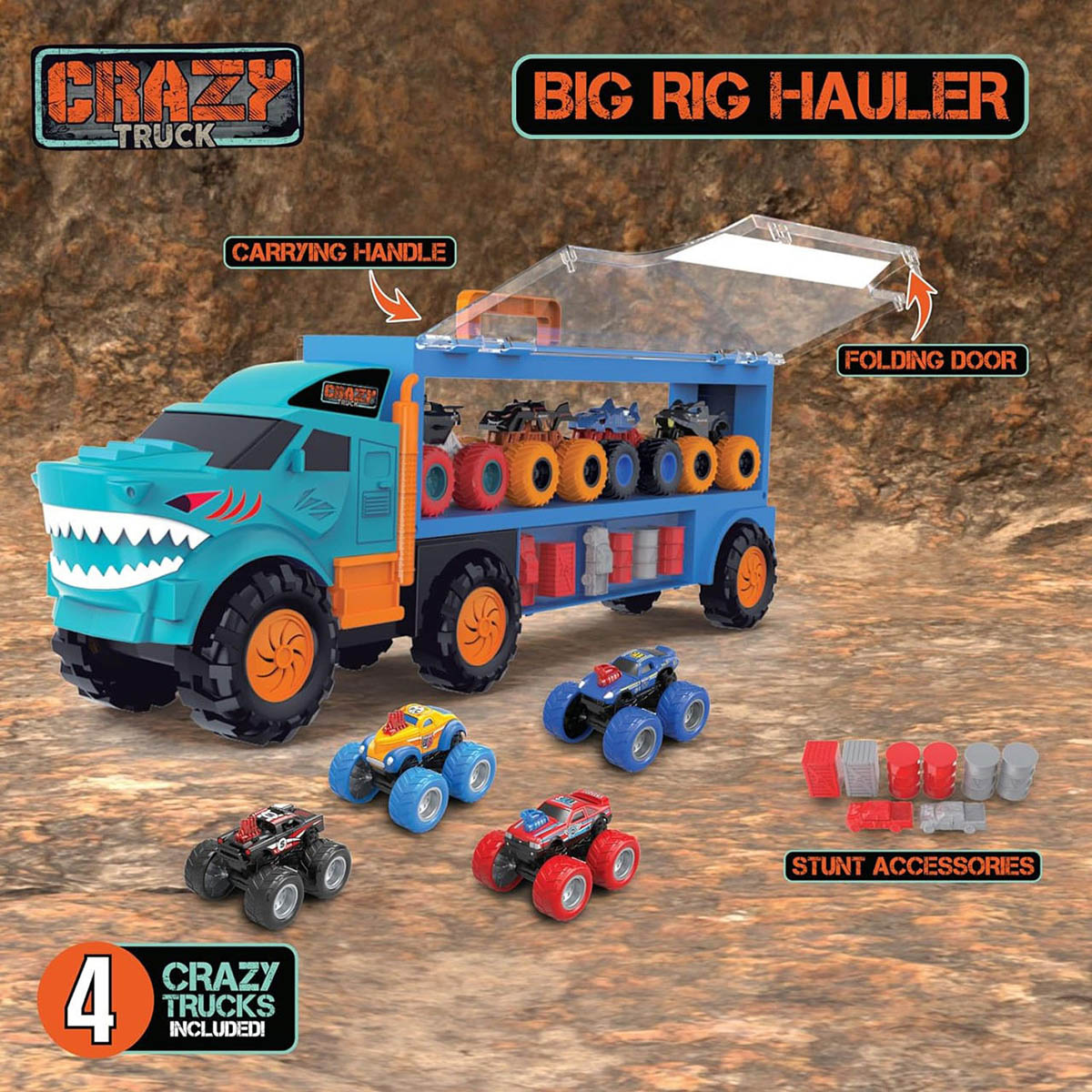 Crazy Trucks Big Rig Hauler Thin Air Brands. Carrying handle, folding door, stunt accessories, 4 crazy trucks included!