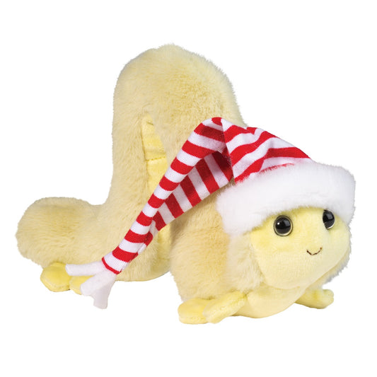 Inchy the Inchworm yellow plush by Douglas donning a red and white striped holiday hat. 