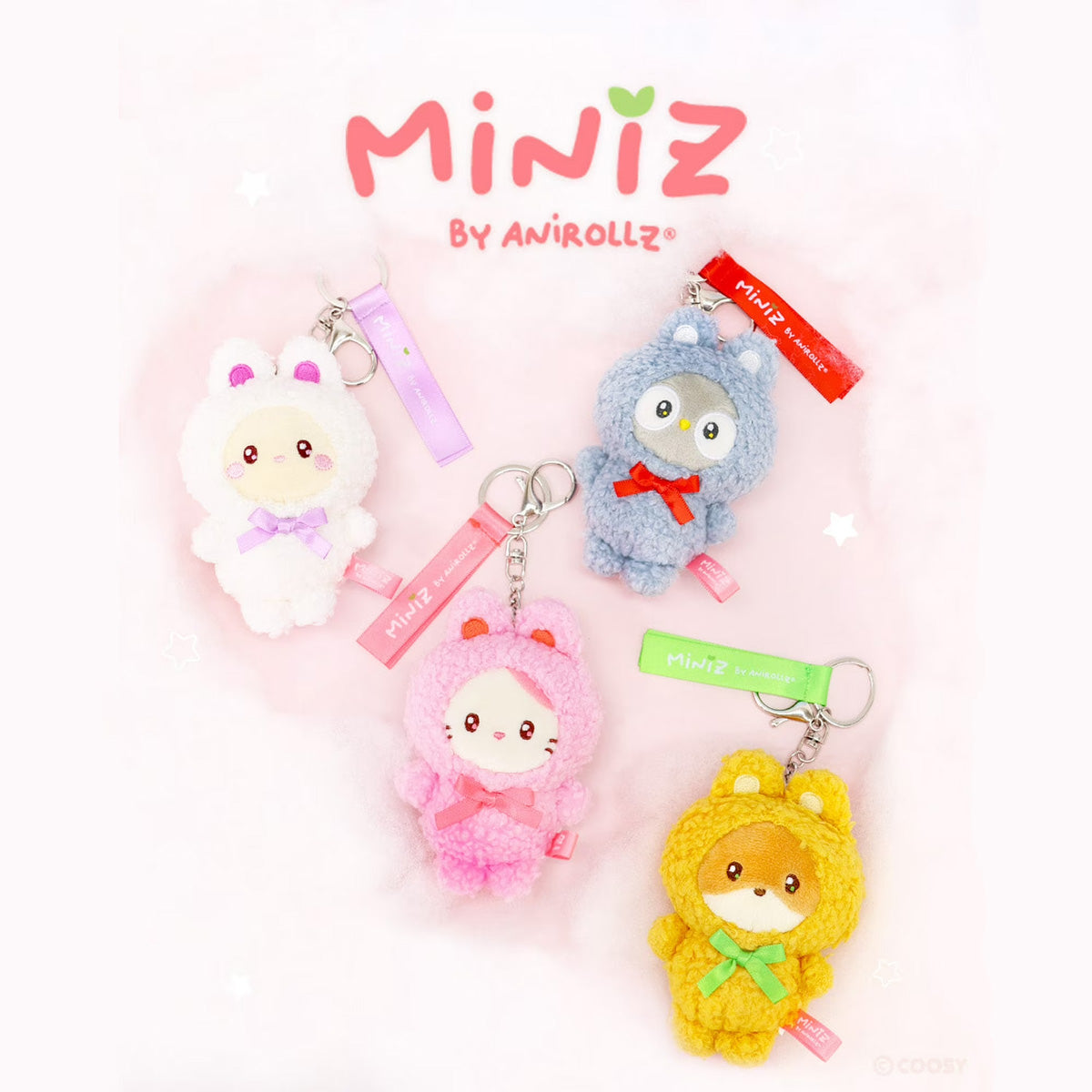 Four Coosy Miniz by Aniroll plush character keychains in white, blue, pink, and yellow, arranged on a light pink background with the Miniz by Aniroll brand logo at the top.