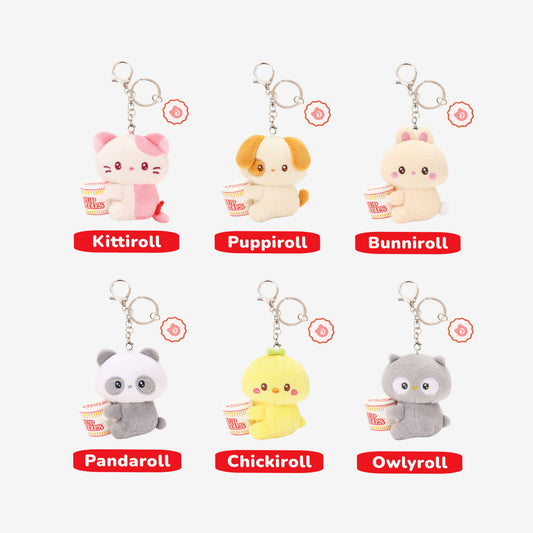 Anirollz Miniz Nissin Cup Noodles Surprise Box Plush Clips plush character keychains arranged in a 2x3 grid on a light gray background, each with a metal key ring and a red label underneath reading the character name: Kittiroll, Pupiroll, Bunniroll, Pandaroll, Chickiroll, and Owlyroll.