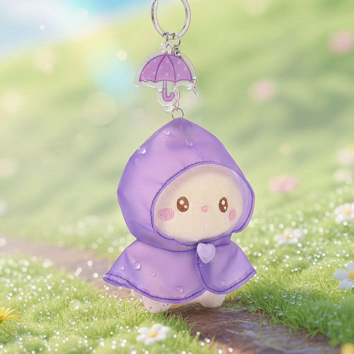 Coosy Anirollz Miniz Raincoat Surprise Box Plush Clips Bunniroll wearing a lavender purple hooded raincoat, with a matching purple umbrella charm at the top, shown standing in a soft-focus grassy outdoor scene.