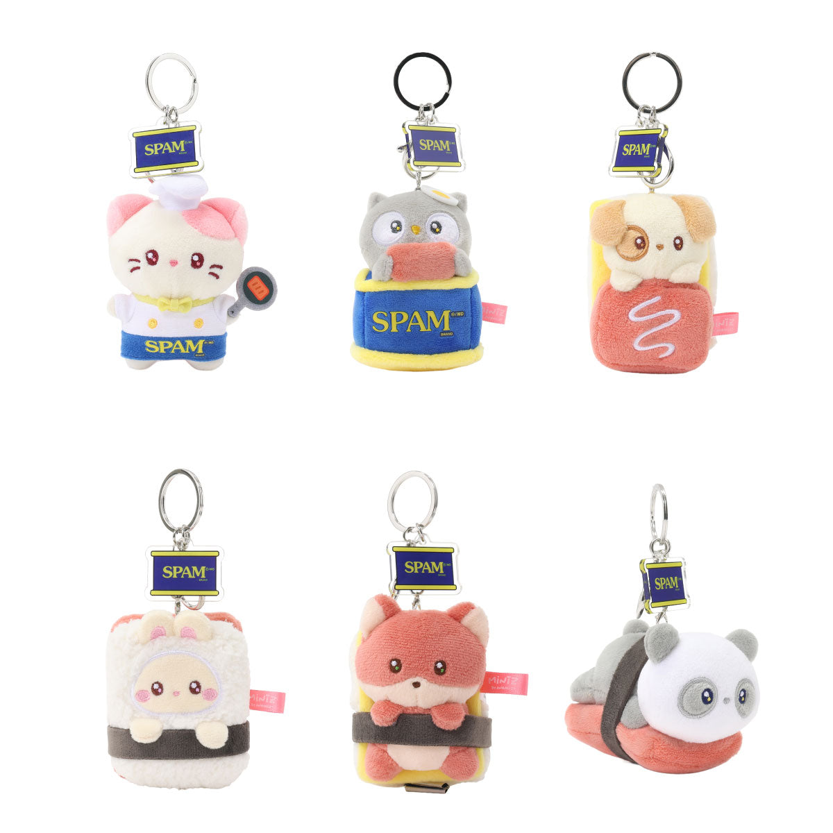 Coosy Anirollz Miniz SPAM Surprise Box Plush Clips keychains shaped like cartoon spam rolls in different animal and food designs, arranged in a 2x3 grid on a plain white background. Each keychain has a metal key ring and a small tag labeled SPAM.