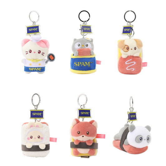 Coosy Anirollz Miniz SPAM Surprise Box Plush Clips keychains shaped like cartoon spam rolls in different animal and food designs, arranged in a 2x3 grid on a plain white background. Each keychain has a metal key ring and a small tag labeled SPAM.
